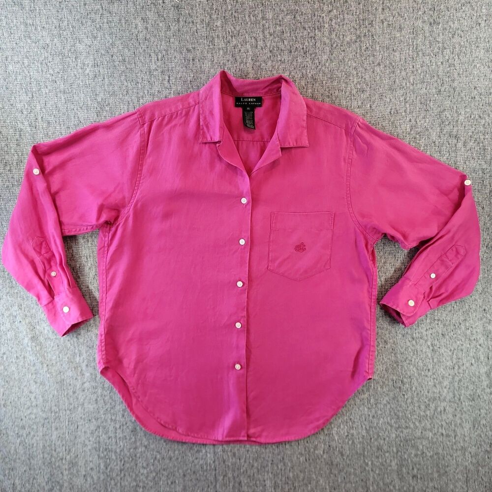 Lauren Ralph Lauren Womens Medium Hot Pink 100% Linen Roll Tab Long Sleeve Shirt